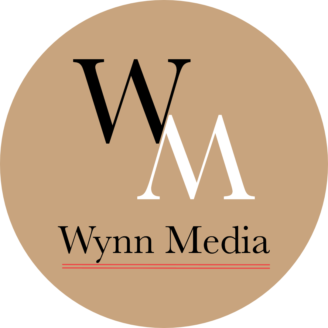 Current Wynn Media logo: a tan circle with a black W overlapping a white M, the words Wynn Media and a red double underline